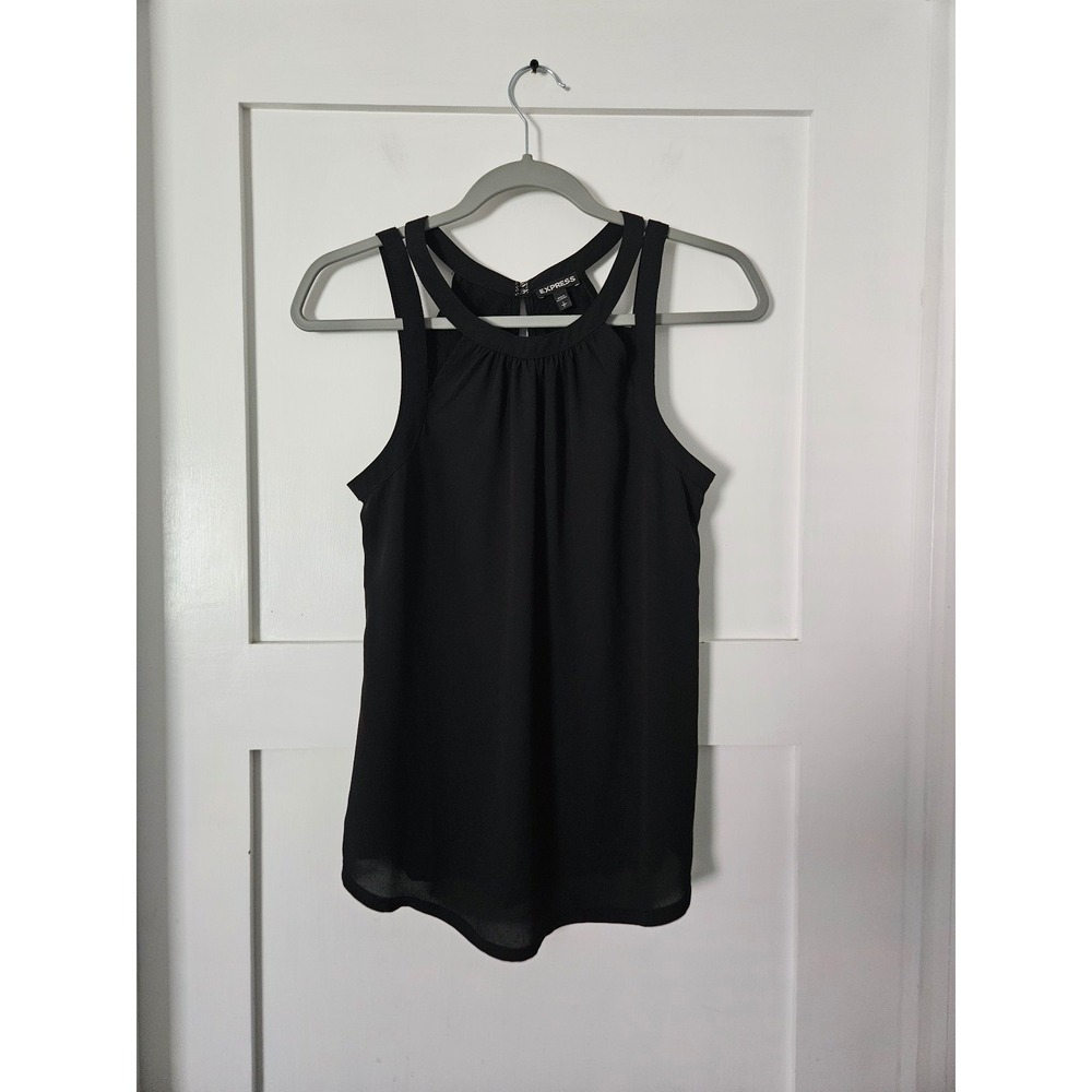 EXPRESS Black Halter Tank Top Size S Chiffon Mixed Media Keyhole Back Cami